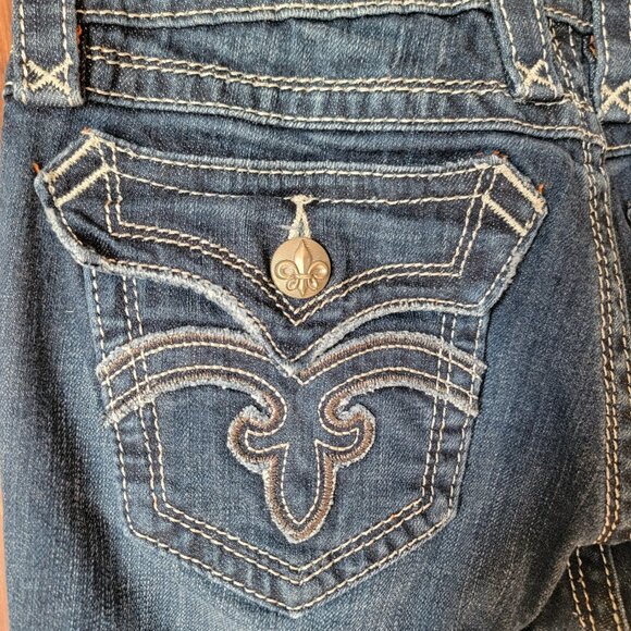 Rock Revival Women Deborah Boot Cut Jean 27 Med/Dark Wash Silver Metallic Stitch - Picture 13 of 15